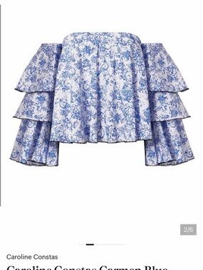 Caroline Constas Blue & White Off-the-Shoulder Tiered Ruffle Top